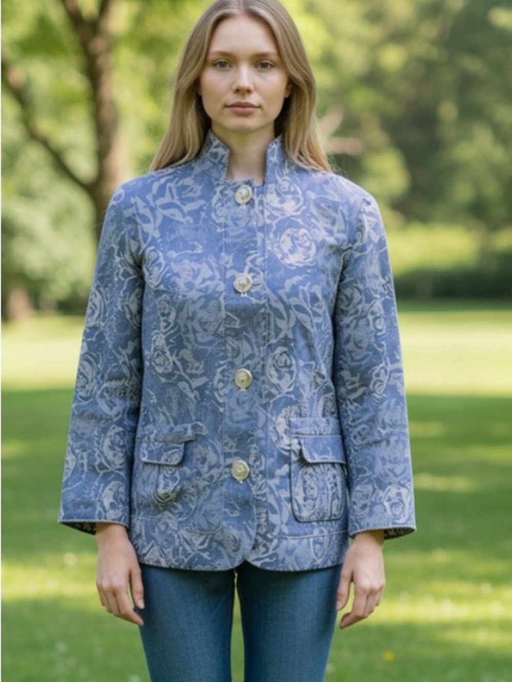 Coldwater Creek Women’s Blue Linen Blend Rose Floral Jacquard Jacket Size 8